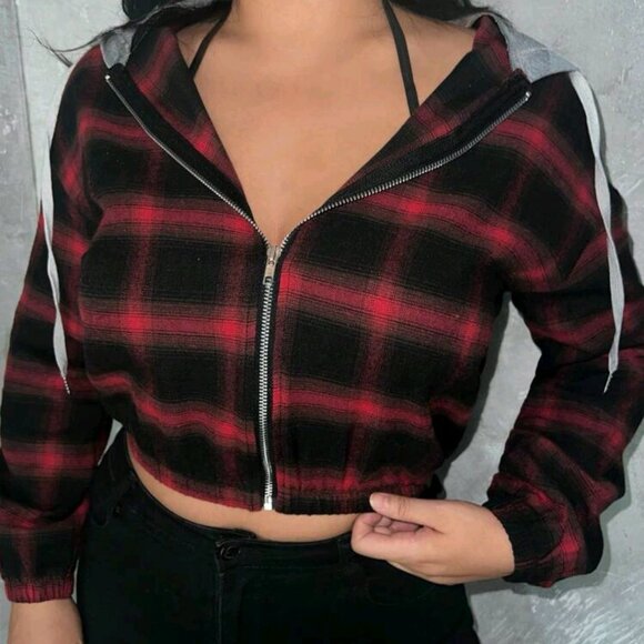 Plaid black red jacket with grey hoodie - Picture 3 of 5